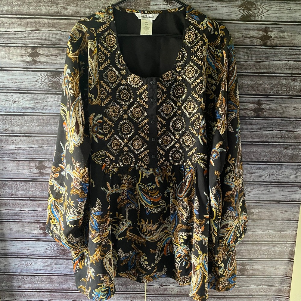 Ulla Popken Women's Long-Sleeved‎ Blouse Size 28/30 Embroidered Sequins Paisley